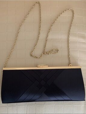Elegant  Navy Blue  satinClutch with Gold Chain